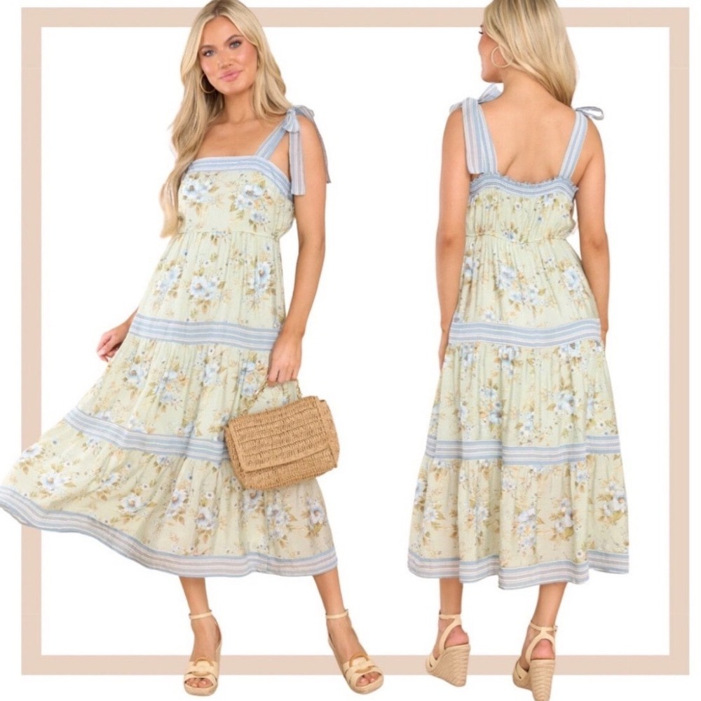 SOLD Floral Cottagecore Prairie Tiered Maxi Dress Size Large Tie Shoulders Boho - Picture 2 of 14